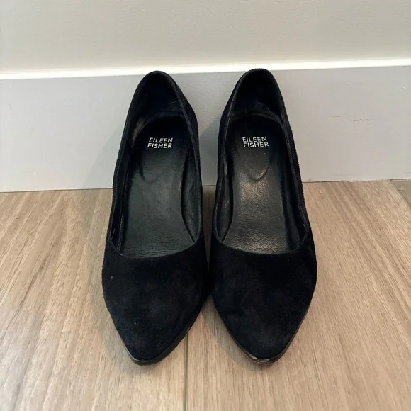 Eileen Fisher Black Suede Hawk Block Heel Pumps Women's Size 7 - Picture 5 of 8